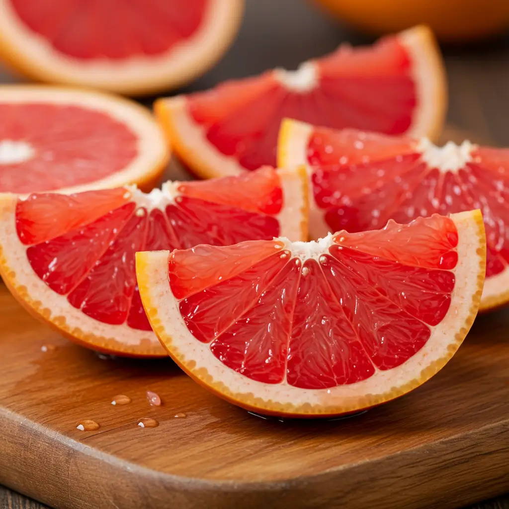 Sliced pink grapefruit on a wooden board